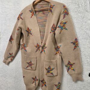 Womens Star Knit Cardigan Tan Rainbow Sparkle Long Sleeve Pockets Size S
